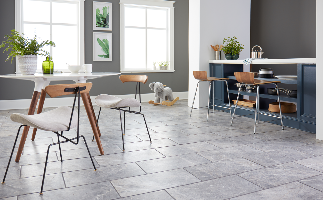 Grey tile flooring. 
